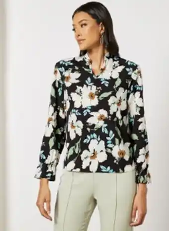 Noon Women's casual long sleeve rayon blouse with v-neck stand up collar printed pattern black offer