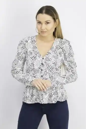 Brands For Less Women v-neck long sleeves printed top, white and black offer