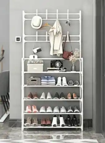 Noon 5 tiers entryway shoe bench rack storage shelves with 8 hooks floor rack multifunctional hallway organizer white colour offer