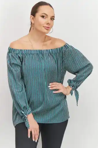 Brands For Less Women off shoulder neck long sleeve stripe blouse, green combo offer