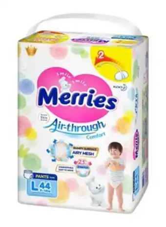 Noon Merries japanese diapers pants size large 44, 9-14 kg, gentle to skin baby tape diapers, comfort jumbo pack, 44 count offer
