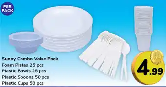 Day To Day Sunny Combo Value Pack Foam Plates 25 pcs Plastic Bowls 25 pcs Plastic Spoons 50 pcs Plastic Cups 50 pcs offer