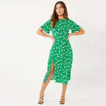 Quiz women green printed round neck side slit midi dress