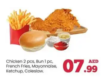 Kenz Hypermarket Chicken 2 pcs, Bun 1 pc, French Fries, Mayonnaise, Ketchup, Coleslaw. offer