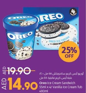 Lulu Hypermarket Oreo Ice Cream Sandwich 55ml x 4/ Vanilla Ice Cream Tub 480ml offer