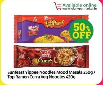 Lulu Hypermarket Sunfeast Yippee Noodles Mood Masala 250g/ Top Ramen Curry Veg Noodles 420g offer
