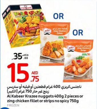 Carrefour Al Kabeer Krazee nuggets 400 g 2 pieces or zing chicken fillet or strips no spicy 750 g offer