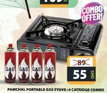 Grand Hyper Market PAMCHAL PORTABLE GAS STOVE +4 CATRIDGE COMBO offer