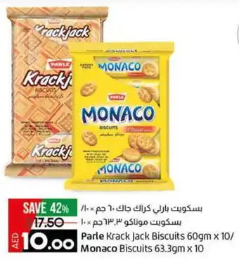 Lulu Hypermarket Parle Krack Jack Biscuits 60gm x 10/ Monaco Biscuits 63.39m x 10 offer