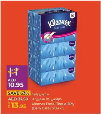 Lulu Hypermarket Kleenex Facial Tissue 2Ply (Daily Care) 170's x 5 offer