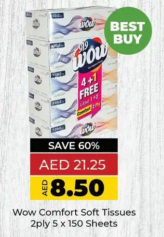 Lulu Hypermarket Wow Comfort Soft Tissues 2ply 5 x 150 Sheets offer