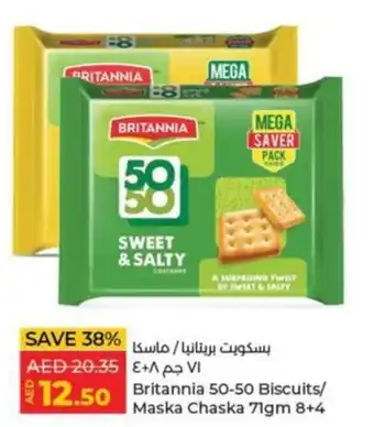 Lulu Hypermarket Britannia 50-50 Biscuits/ Maska Chaska 71gm 8+4 offer