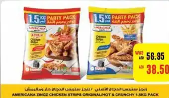 Abu Dhabi Coop AMERICANA ZINGZ CHICKEN STRIPS ORIGINAL/HOT & CRUNCHY 1.5KG PACK offer