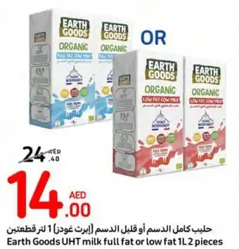 Carrefour Earth Goods UHT milk full fat or low fat 1L2 pieces offer
