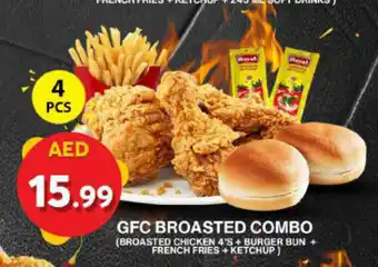 Grand Mall Sharjah GFC BROASTED COMBO (BROASTED CHICKEN 4'S+ BURGER BUN + FRENCH FRIES + KETCHUP) offer