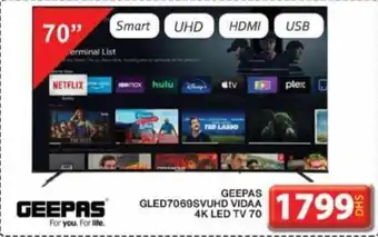 Grand Mall Sharjah GEEPAS GLED7069SVUHD VIDAA 4K LED TV 70 offer
