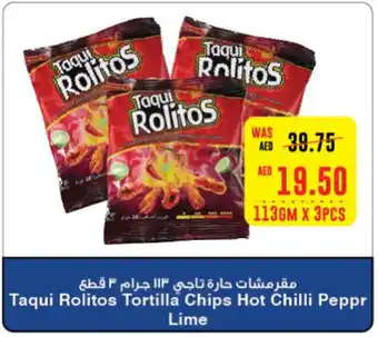 Abu Dhabi Coop Taqui Rolitos Tortilla Chips Hot Chilli Peppr Lime 113gm x 3pcs offer