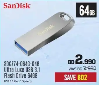 Sharaf DG Sandisk sdcz74 064g g46 ultra luxe usb 3.1 flash drive 64gn offer