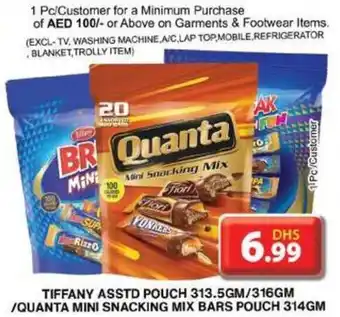 Grand Hyper Market TIFFANY ASSTD POUCH 313.5GM 316GM QUANTA MINI SNACKING MIX BARS POUCH 314GM offer