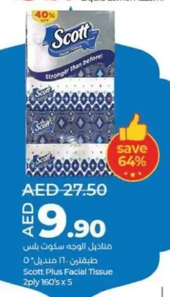 Lulu Hypermarket Scott Plus Facial Tissue 2ply 160's x 5 offer