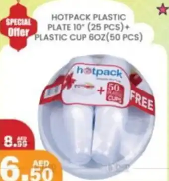 Al Madina HOTPACK PLASTIC PLATE 10" (25 PCS)+ PLASTIC CUP 60Z (50 PCS) offer