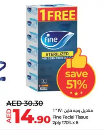 Lulu Hypermarket Fine Facial Tissue 2ply 170's x 6 offer