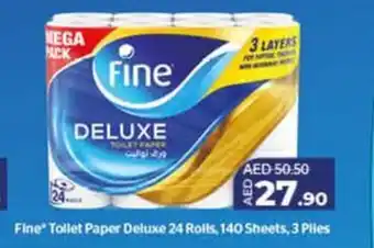 Lulu Hypermarket Fine Tollet Paper Deluxe 24 Rolls, 140 Sheets, 3 Piles offer
