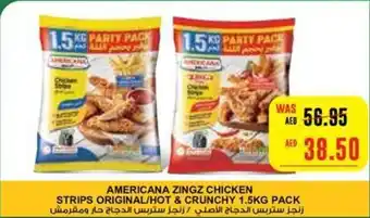 Abu Dhabi Coop AMERICANA ZINGZ CHICKEN STRIPS ORIGINAL/HOT & CRUNCHY 1.5KG PACK offer