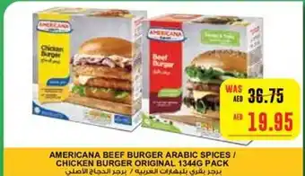 Abu Dhabi Coop AMERICANA BEEF BURGER ARABIC SPICES/ CHICKEN BURGER ORIGINAL 1344G PACK offer