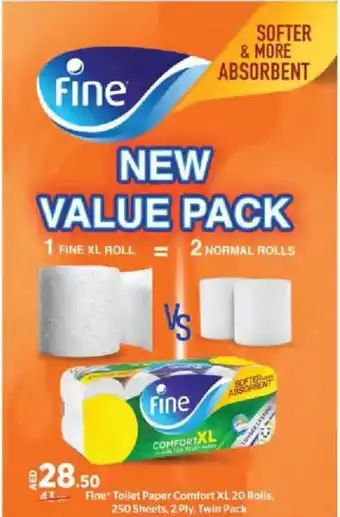 Aswaaq Fine Toilet Paper Comfort XL 20 Rolls, 250 Sheets, 2 Ply, Twin Pack offer