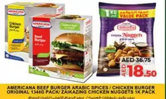 Lulu Hypermarket AMERICANA BEEF BURGER ARABIC SPICES CHICKEN BURGER ORIGINAL 1344G PACK ZAIKAZING CHICKEN NUGGETS 1K PACK offer