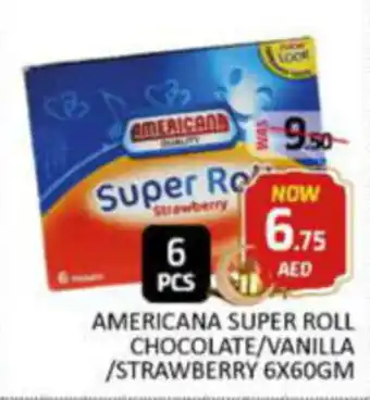 Al Madina Hypermarket AMERICANA SUPER ROLL CHOCOLATE VANILLA STRAWBERRY 6X60GM offer