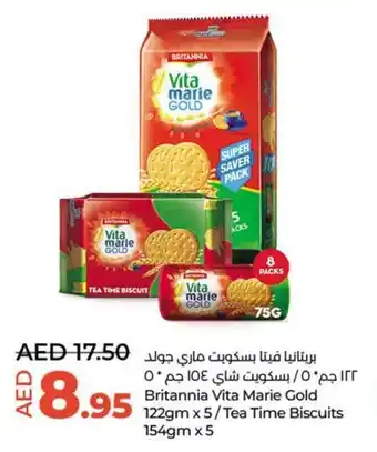 Lulu Hypermarket Britannia Vita Marie Gold 122gm x 5/Tea Time Biscuits 154gm x 5 offer