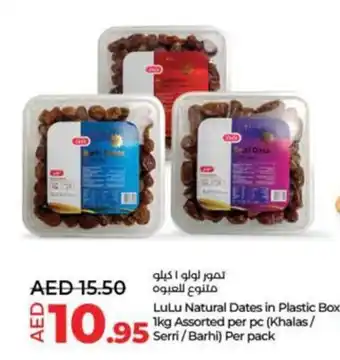 Lulu Hypermarket Natural Dates in Plastic Box 1kg Assorted per pc Khalas Serri Barhi Per pack offer