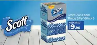 Lulu Hypermarket Scott Plus Facial Tissue 2Ply 160's x 5 offer