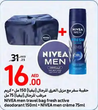 Carrefour NIVEA Men Travel Bag Fresh Active Deodorant 150ml + NIVEA Men Crème 75mL offer