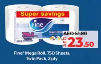 Lulu Hypermarket Fine Mega Roll 750 SheetsFine Mega Roll, 750 Sheets, Twin Pack 2 ply offer