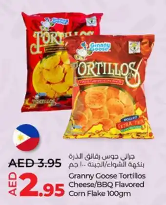 Lulu Hypermarket Granny Goose Tortillos Cheese/BBQ Flavored Corn Flake 100gm offer