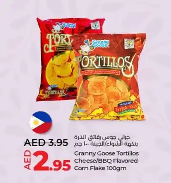 Lulu Hypermarket Granny Goose Tortillos Cheese BBQ Flavored Corn Flake 100gm offer