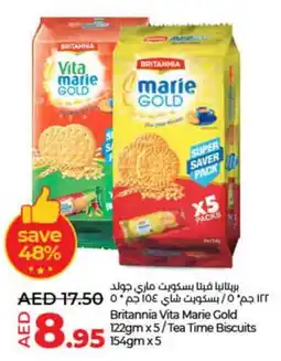 Lulu Hypermarket Britannia Vita Marie Gold 122gm x5/Tea Time Biscuits 154gm x 5 offer