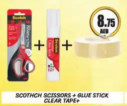 Almaya supermarket SCOTHCH SCISSORS + GLUE STICK CLEAR TAPE+ offer