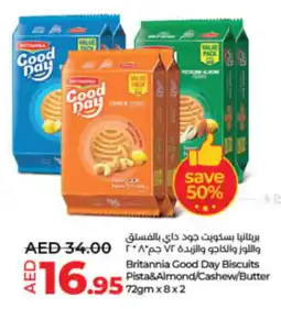 Lulu Hypermarket Britannia Good Day Biscuits Pista&Almond/Cashew/Butter 72gmx8x2 offer