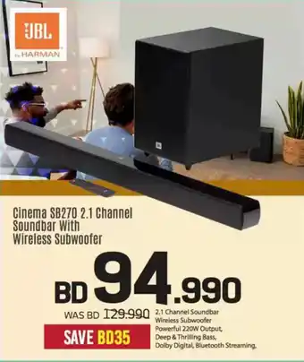 Sharaf DG UBL Cinema SB270 2.1 Channel Soundbar With Wireless Subwoofer offer