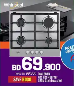 Sharaf DG Whirlpool TGML6601X Gas Hob 4Burner Stainless steel offer