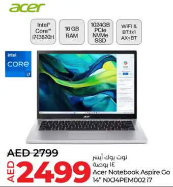 Lulu Hypermarket Acer Notebook Aspire Go 14" NXJ4PEM002 i7 offer