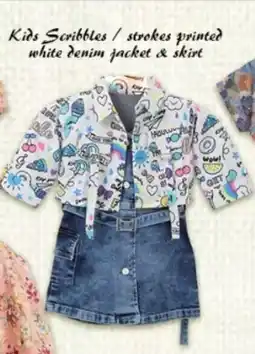 Safari Hypermarket Kids Scribbles strokes printed white denim jacket & skirt offer