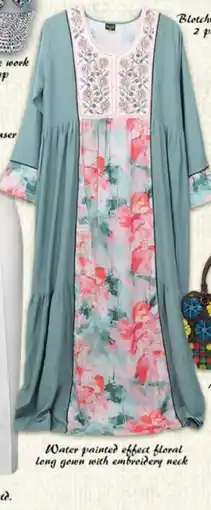 Safari Hypermarket Water painted effect floral long gown with embroidery neck offer