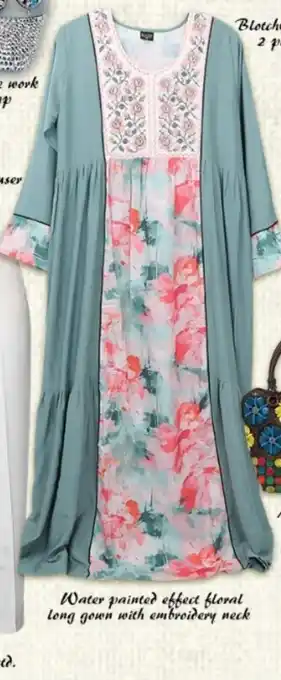 Safari Hypermarket Water painted effect floral long gown with embroidery neck offer
