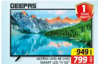 Al Madina Hypermarket GEEPAS UHD 4K UHD 799 R SMART LED TV 50" offer