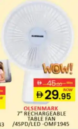 Al Madina Hypermarket Olsenmark rechargeable table fan / 4spd / LED OMF1945 offer
